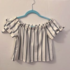 Ivoire Off The Shoulder Crop Top, White with Black Stripes, Small